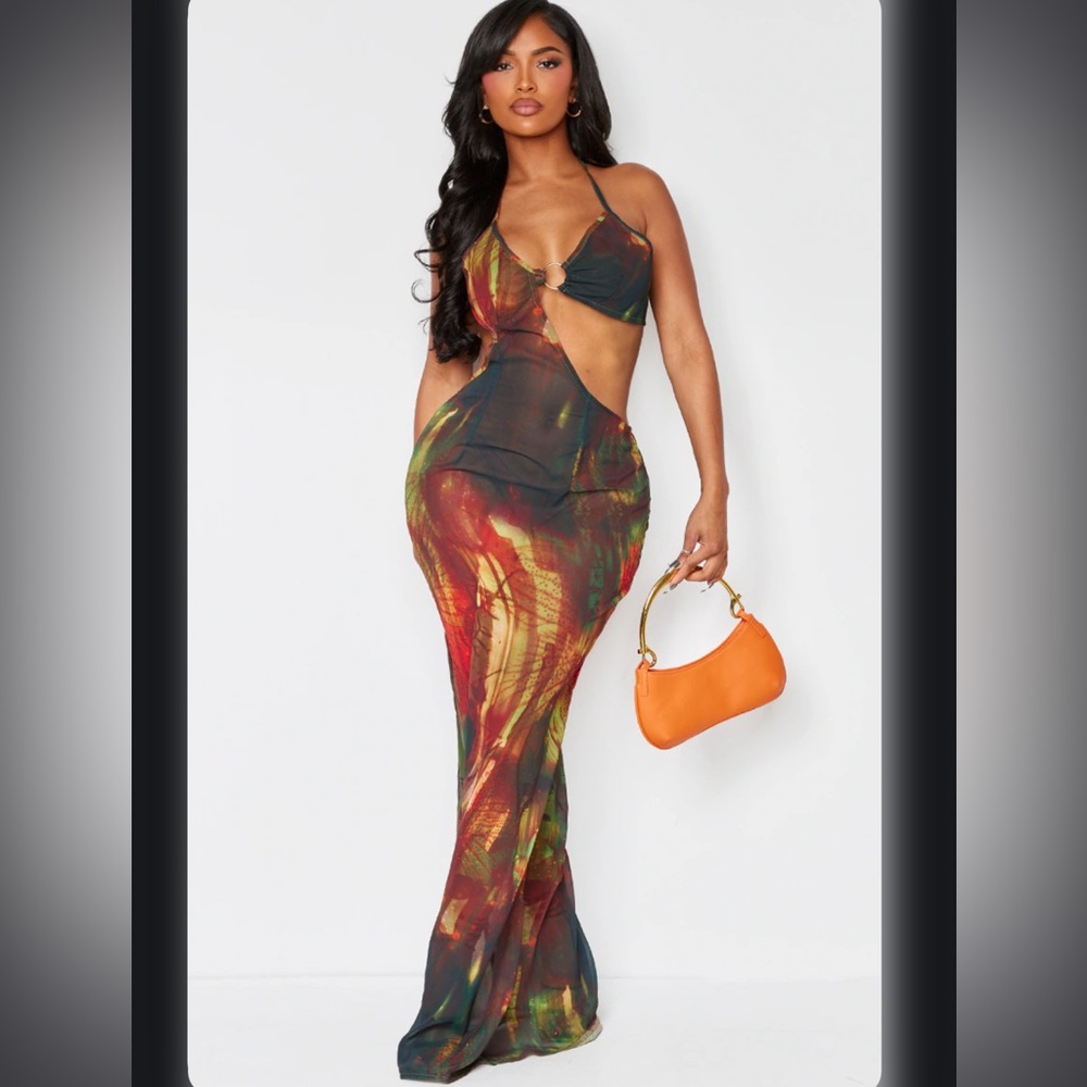 PrettyLittleThing Shape Brown Abstract Printed Chiffon Ring Detail Maxi Dress